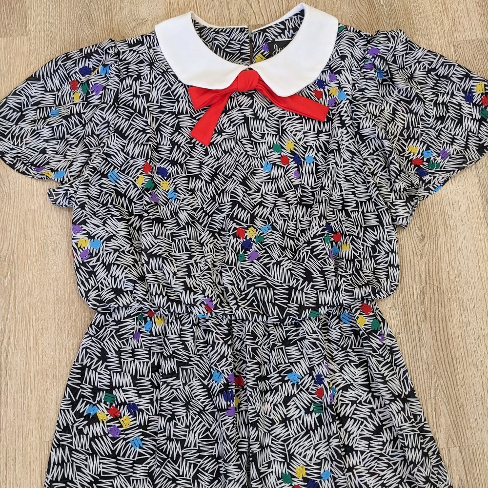 Vintage 80s Peter Pan Collar Abstract Dress L Bow Tie Blouson Art Teacher Quirky - Picture 2 of 16